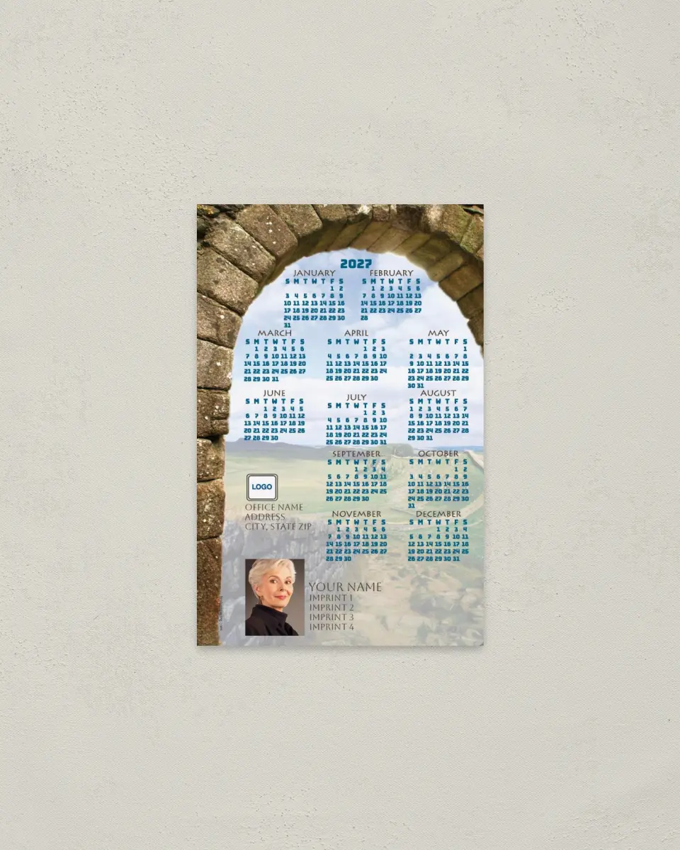 This is a 3.7" x 5.7" Full Magnet Calendar called Brick Arch printed in full color with a Standard Gloss finish