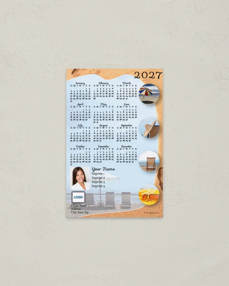 This is a 3.7" x 5.7" Full Magnet Calendar called Beach, 4 Circle Photos printed in full color with a Standard Gloss finish