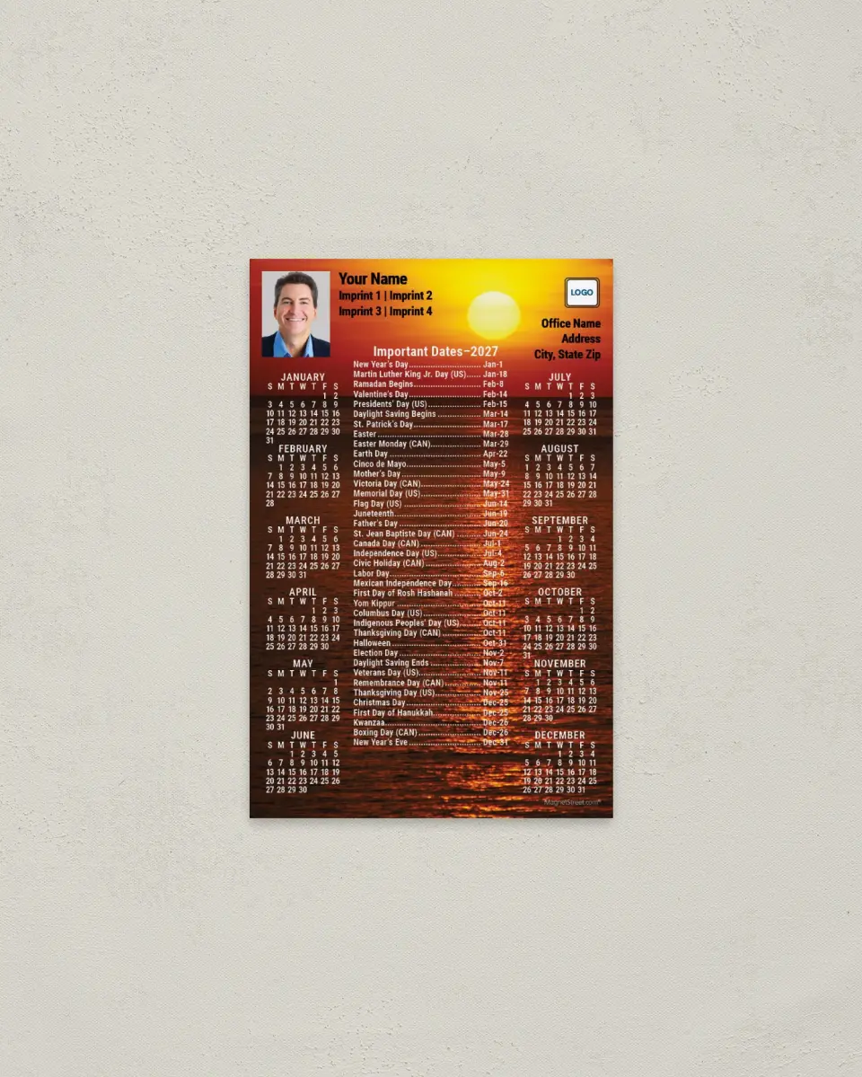 This is a 3.7" x 5.7" Full Magnet Calendar called Sunset, Important Dates printed in full color with a Standard Gloss finish