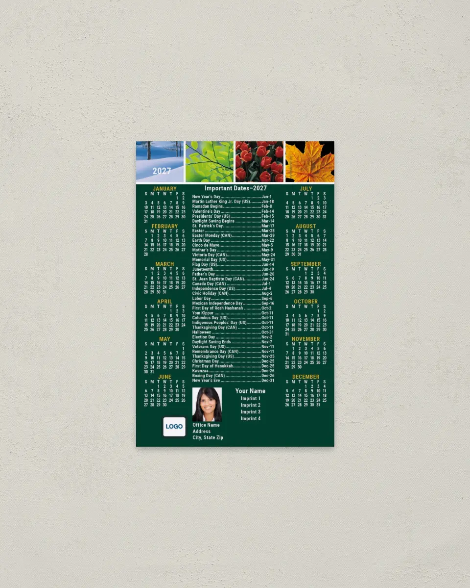 This is a 3.7" x 5.7" Full Magnet Calendar called Four Seasons, Important Dates printed in full color with a Standard Gloss finish