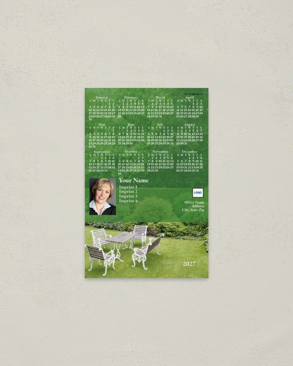 This is a 3.7" x 5.7" Full Magnet Calendar called Garden Set, Green Background printed in full color with a Standard Gloss finish