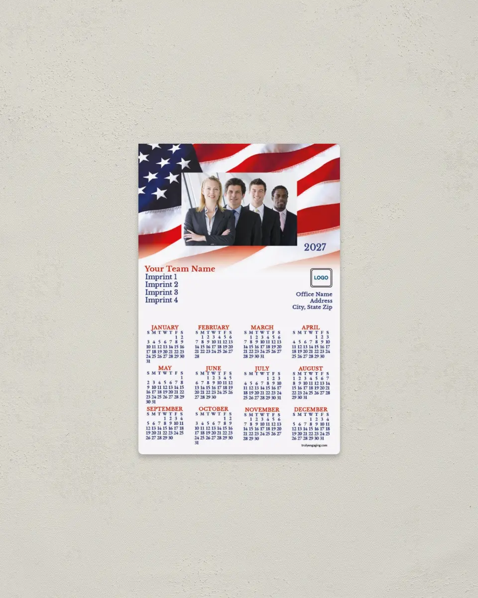 This is a 3.7" x 5.7" Full Magnet Calendar called Team Fading Flag printed in full color with a Standard Gloss finish