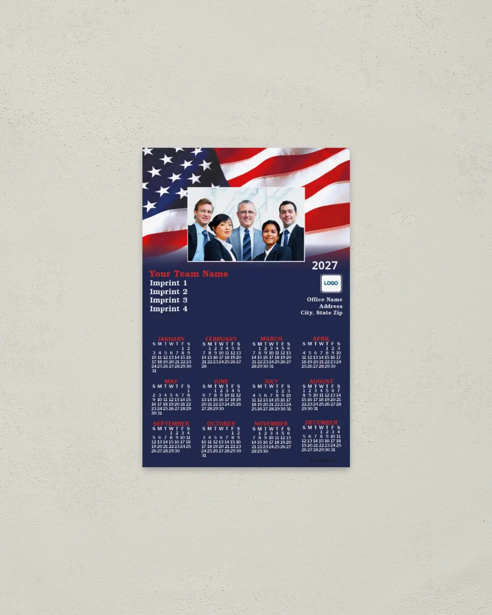 This is a 3.7" x 5.7" Full Magnet Calendar called Team Flag Fading to Blue printed in full color with a Standard Gloss finish