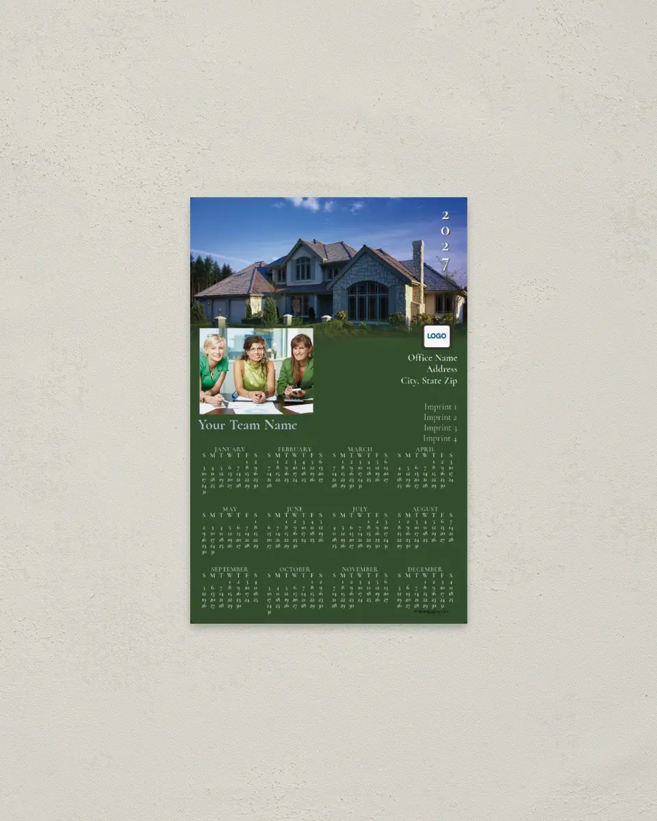 This is a 3.7" x 5.7" Full Magnet Calendar called Team House Fading to Green printed in full color with a Standard Gloss finish