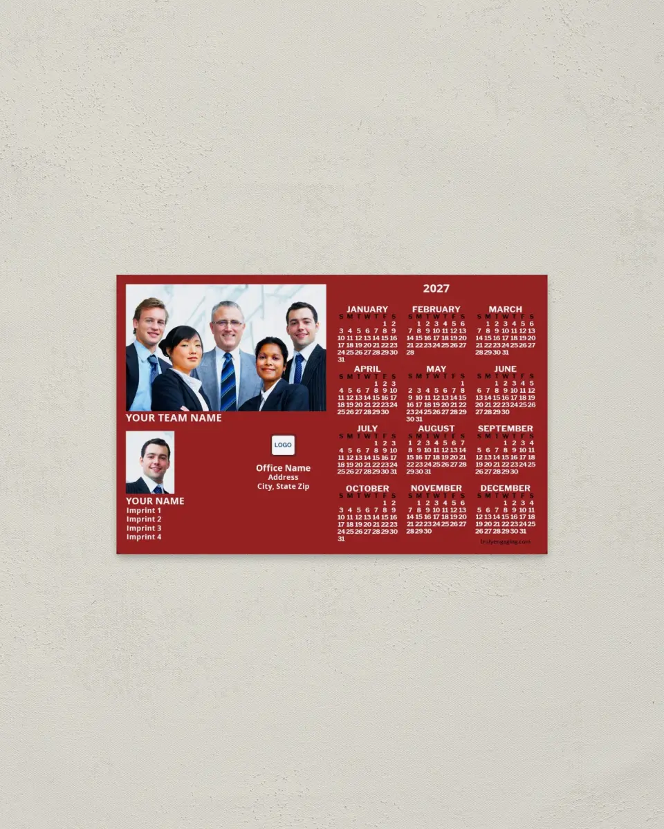 This is a 3.7" x 5.7" Full Magnet Calendar called Team Front Door with Flag, Dark Red printed in full color with a Standard Gloss finish