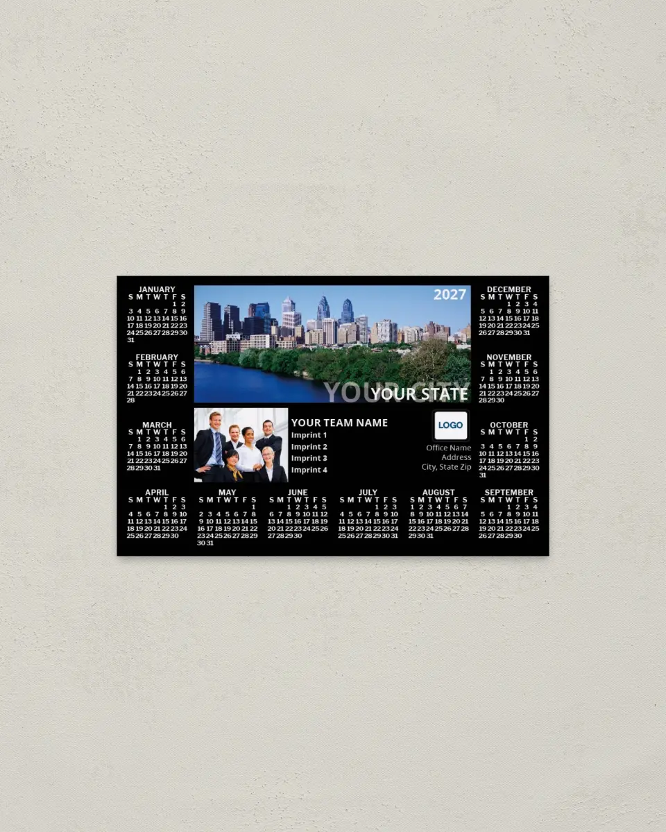 This is a 3.7" x 5.7" Full Magnet Calendar called Team Modern Skyline, Black with City Name printed in full color with a Standard Gloss finish