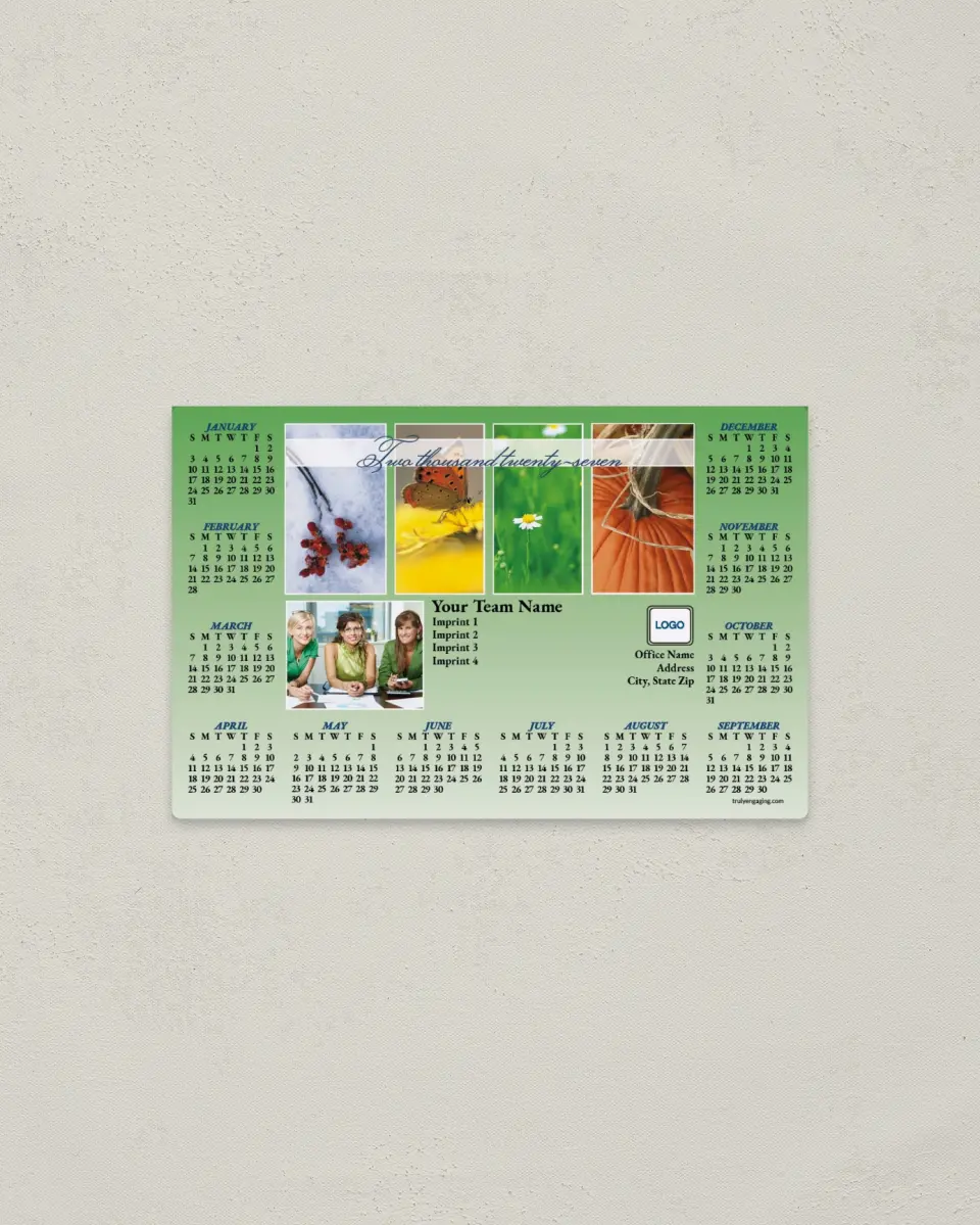 This is a 3.7" x 5.7" Full Magnet Calendar called Seasonal Snapshots, Team printed in full color with a Standard Gloss finish