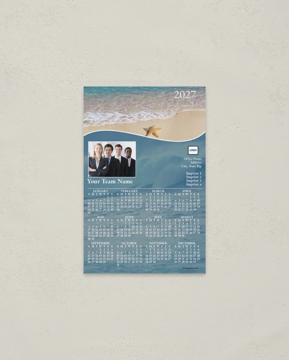 This is a 3.7" x 5.7" Full Magnet Calendar called Team Starfish on the Beach printed in full color with a Standard Gloss finish