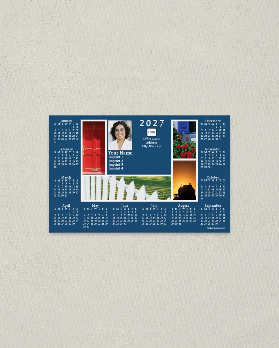 This is a 3.7" x 5.7" Full Magnet Calendar called Blue Background with Pictures of a Door, Fence, Flowers, and a House printed in full color with a Standard Gloss finish