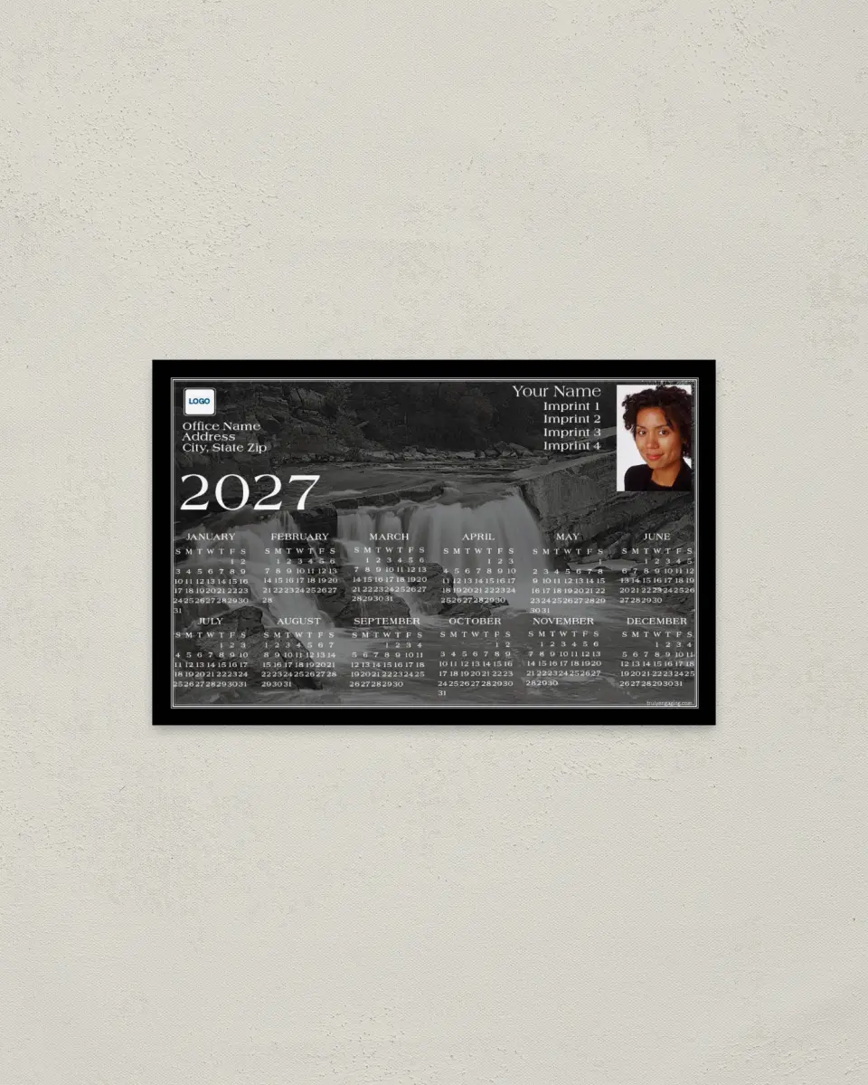 This is a 3.7" x 5.7" Full Magnet Calendar called Black Fade River printed in full color with a Standard Gloss finish