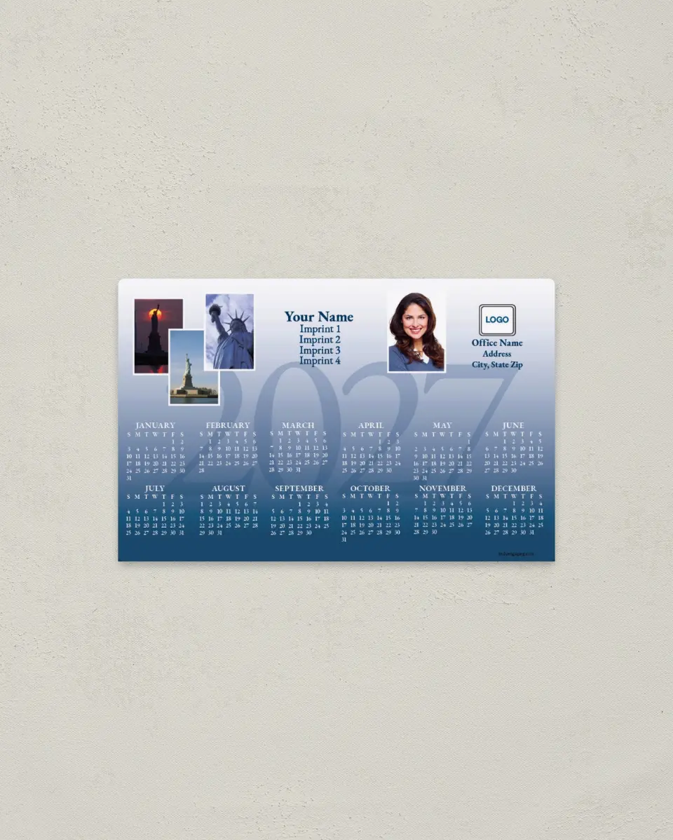 This is a 3.7" x 5.7" Full Magnet Calendar called Blue Fade Statue of Liberty printed in full color with a Standard Gloss finish
