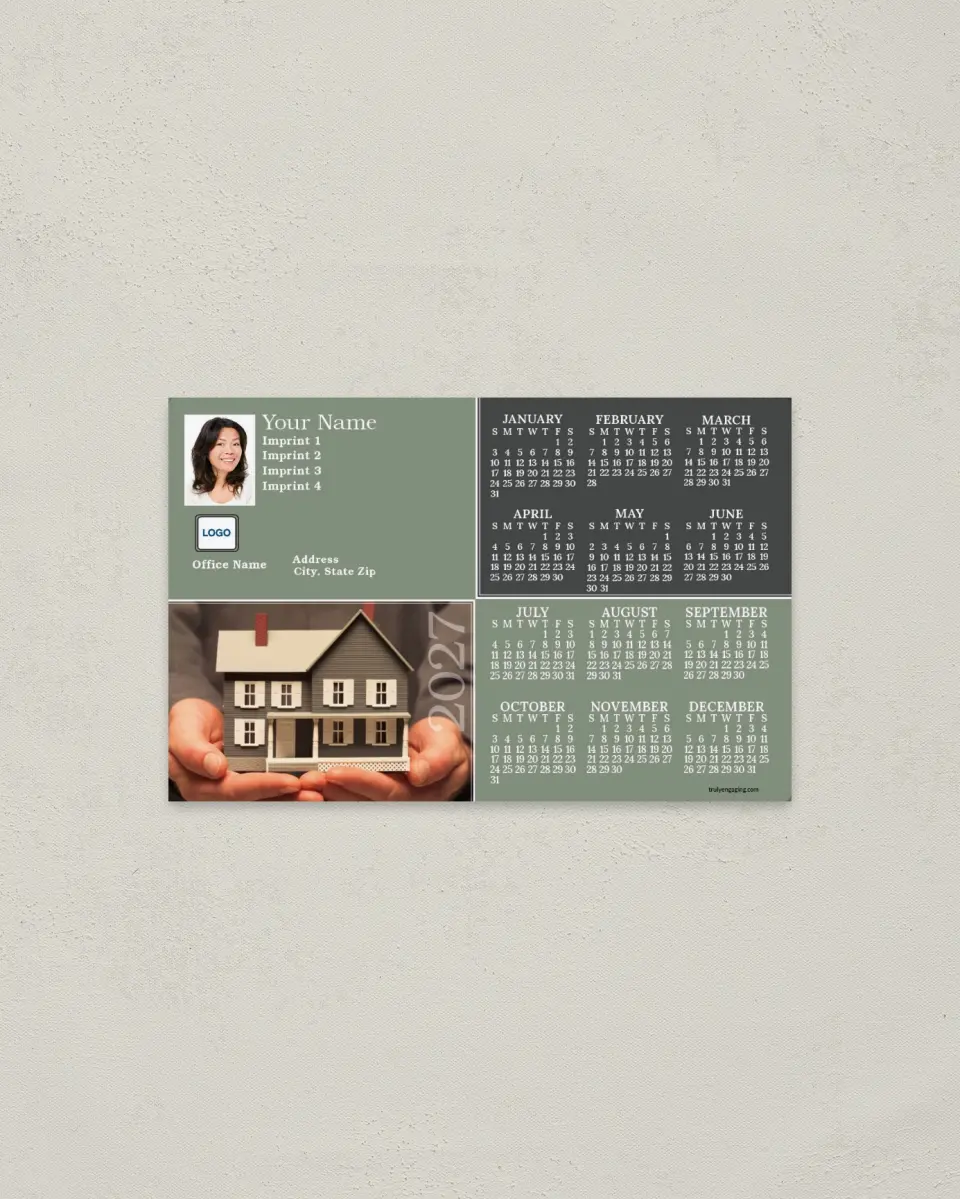 This is a 3.7" x 5.7" Full Magnet Calendar called Green Squares - Hands Holding House printed in full color with a Standard Gloss finish