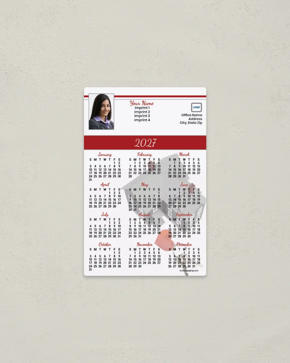 This is a 3.7" x 5.7" Full Magnet Calendar called Red and White - House and Keys printed in full color with a Standard Gloss finish