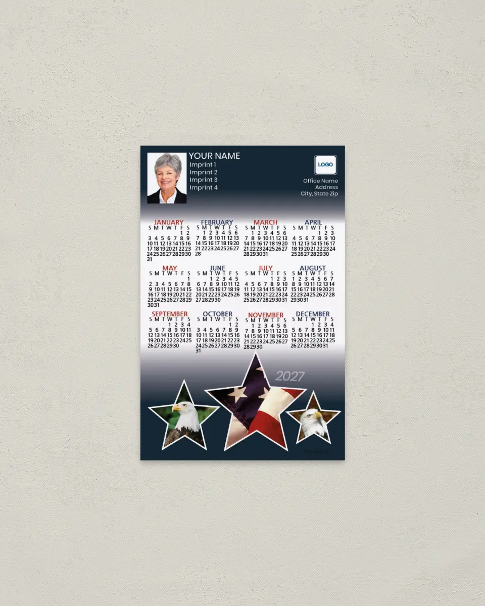 This is a 3.7" x 5.7" Full Magnet Calendar called Stars with Eagle and Flag printed in full color with a Standard Gloss finish