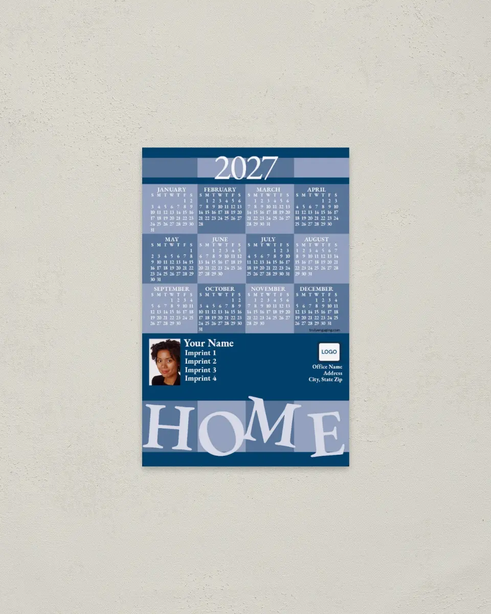 This is a 3.7" x 5.7" Full Magnet Calendar called HOME printed in full color with a Standard Gloss finish
