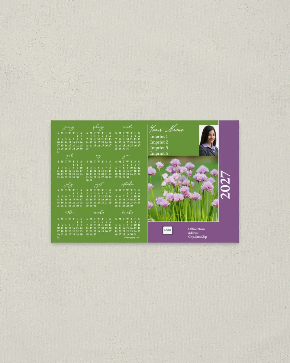 This is a 3.7" x 5.7" Full Magnet Calendar called Green with Purple Flowers printed in full color with a Standard Gloss finish