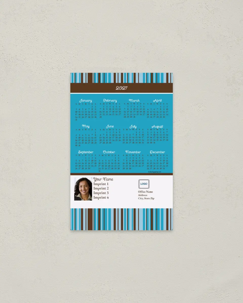 This is a 3.7" x 5.7" Full Magnet Calendar called Blue and Brown Stripes printed in full color with a Standard Gloss finish