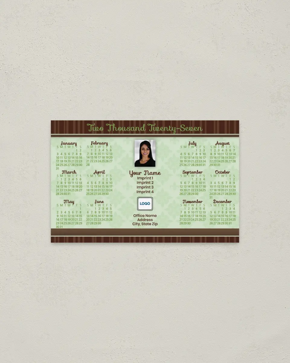 This is a 3.7" x 5.7" Full Magnet Calendar called Pale Green Pattern and Brown Stripes printed in full color with a Standard Gloss finish