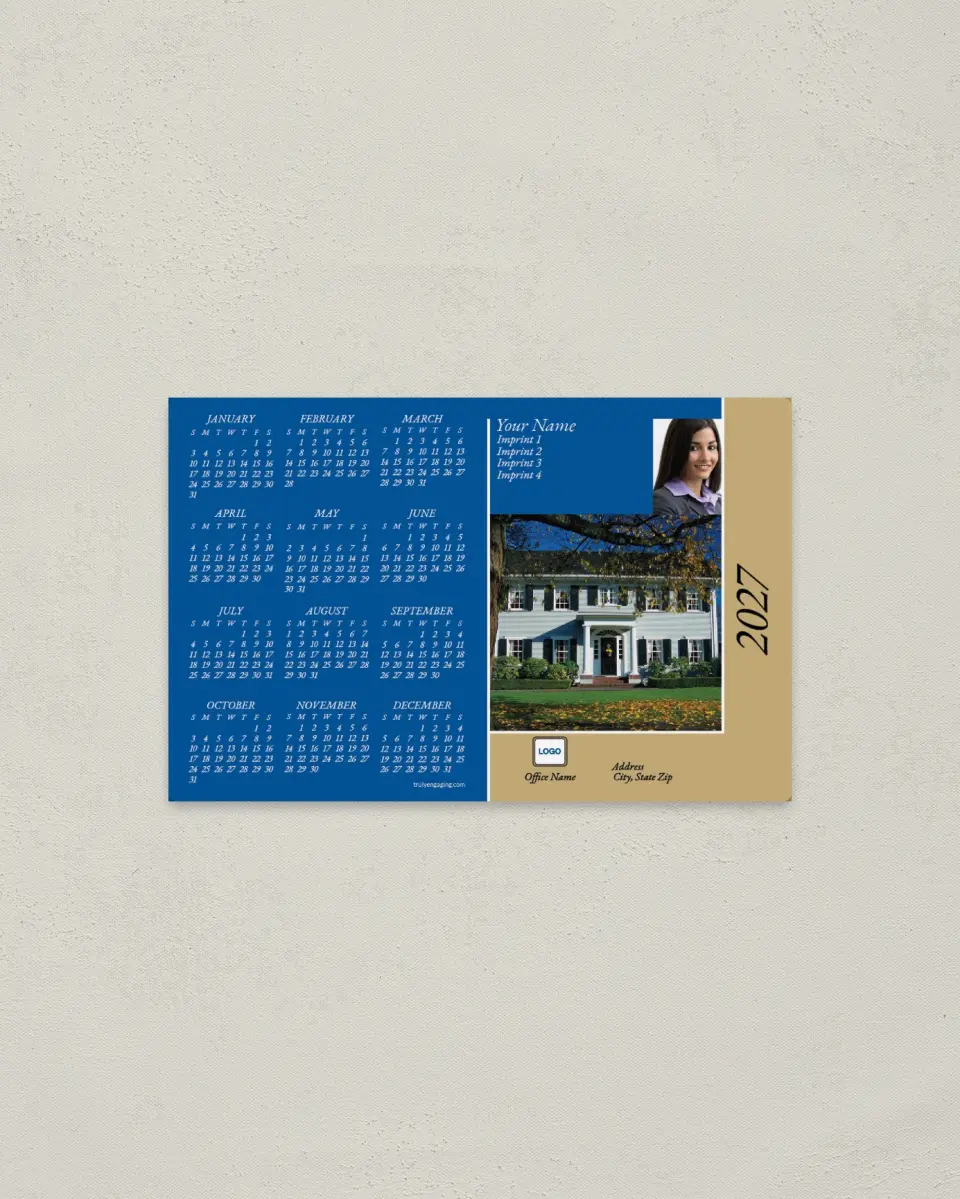 This is a 3.7" x 5.7" Full Magnet Calendar called Blue and Green with House printed in full color with a Standard Gloss finish