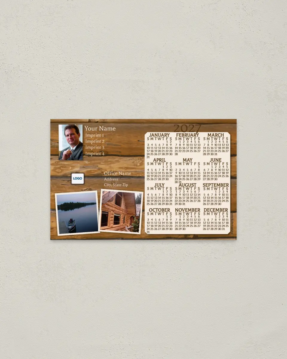 This is a 3.7" x 5.7" Full Magnet Calendar called Log Cabin with 2 Pictures printed in full color with a Standard Gloss finish