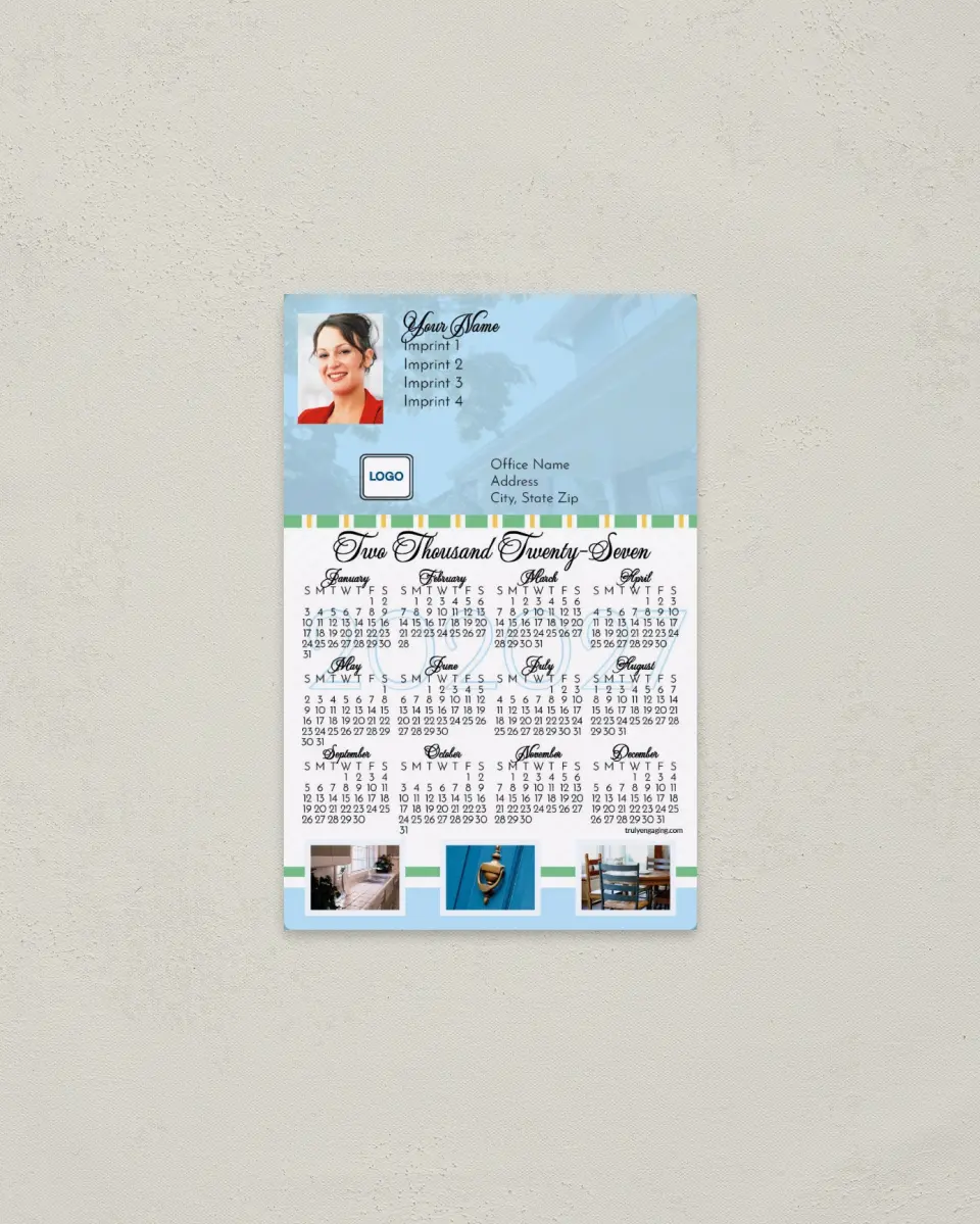 This is a 3.7" x 5.7" Full Magnet Calendar called Pale Blue Texture printed in full color with a Standard Gloss finish