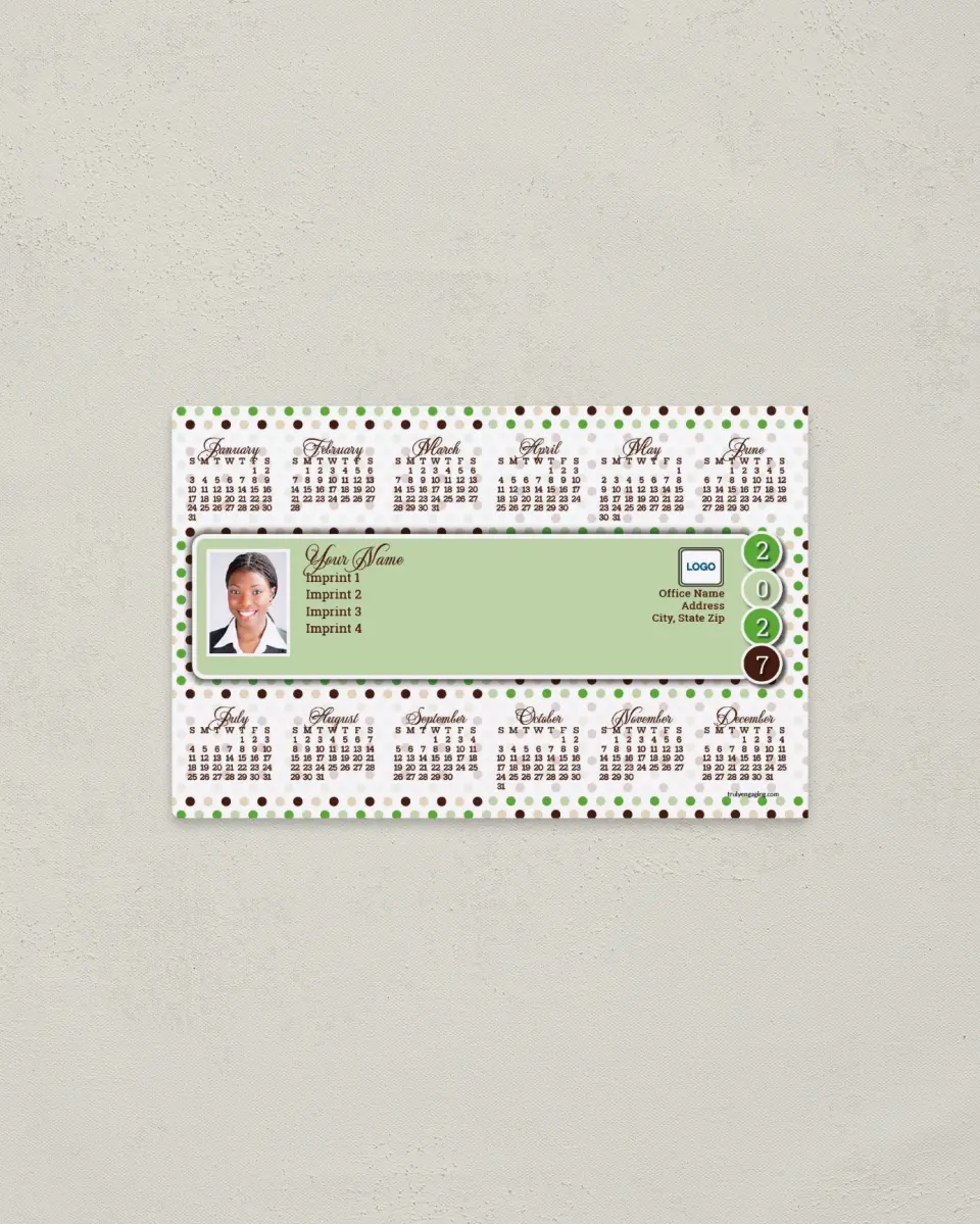 This is a 3.7" x 5.7" Full Magnet Calendar called Polka Dots printed in full color with a Standard Gloss finish