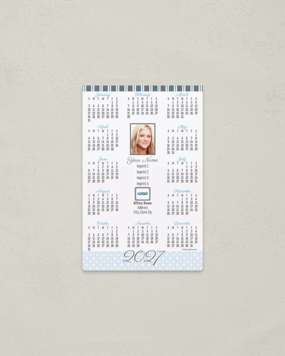 This is a 3.7" x 5.7" Full Magnet Calendar called White and Blue Stripes printed in full color with a Standard Gloss finish