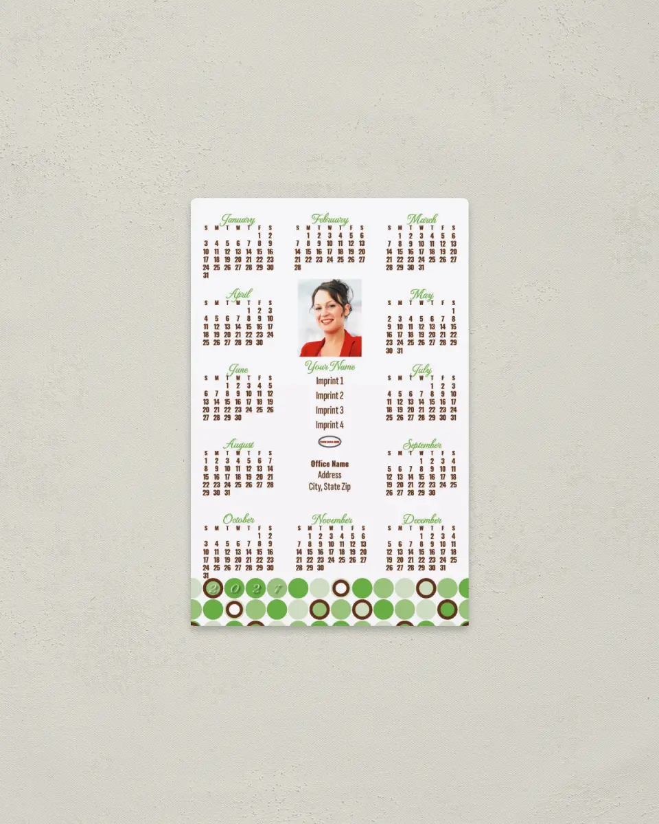 This is a 3.7" x 5.7" Full Magnet Calendar called Polka Dot on Bottom printed in full color with a Standard Gloss finish