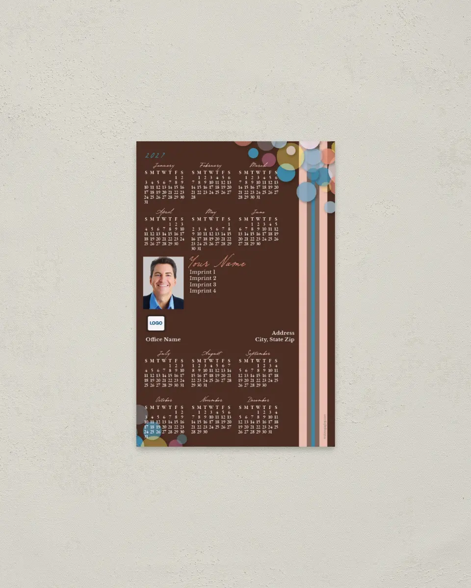 This is a 3.7" x 5.7" Full Magnet Calendar called Stripes and Bubbles printed in full color with a Standard Gloss finish