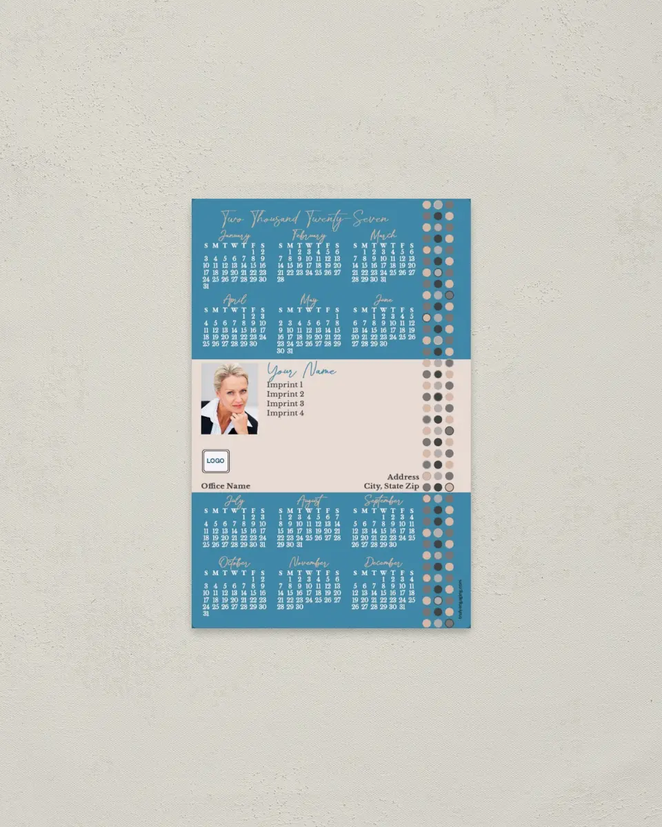 This is a 3.7" x 5.7" Full Magnet Calendar called Right Sided Dots printed in full color with a Standard Gloss finish