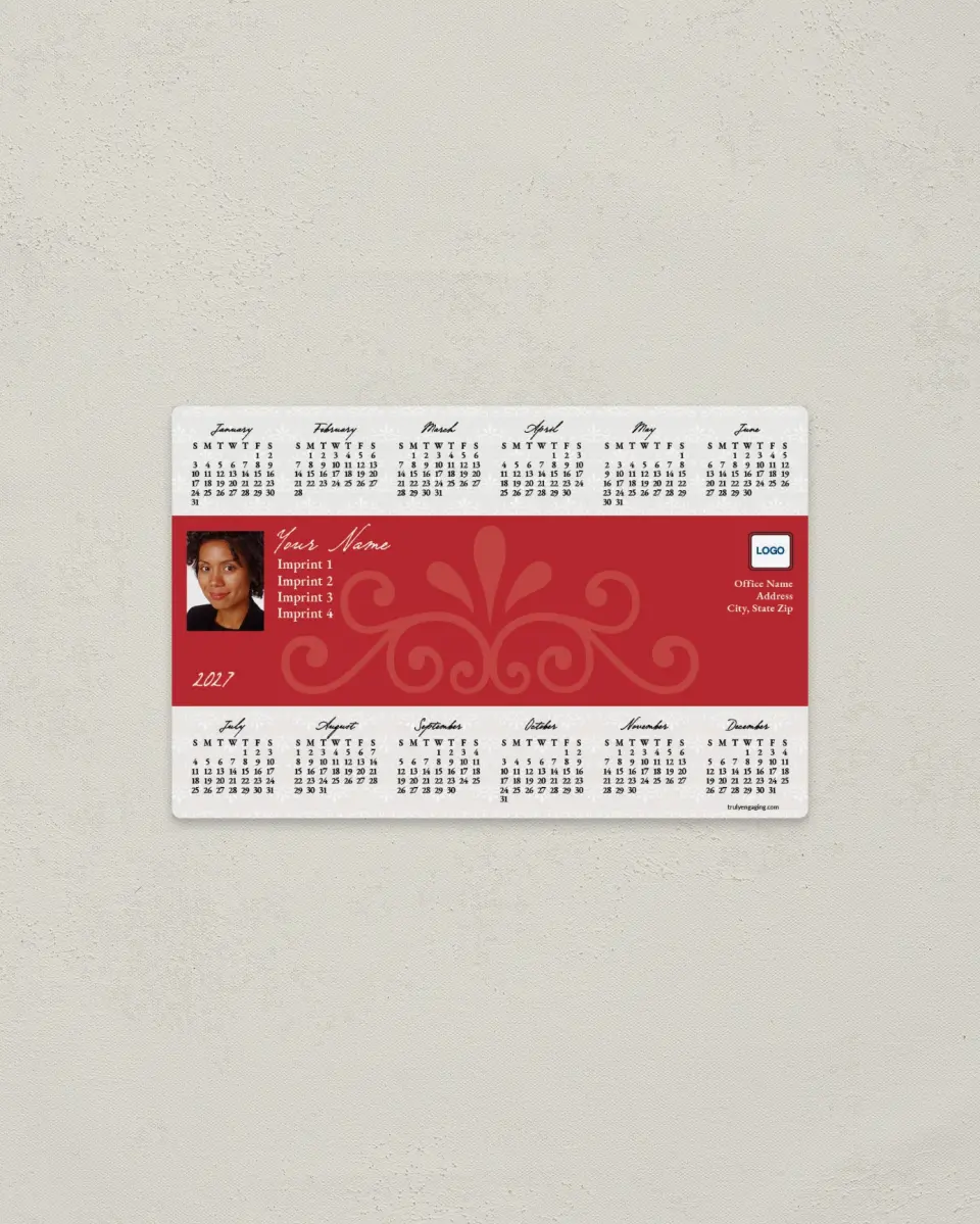 This is a 3.7" x 5.7" Full Magnet Calendar called Red and White Design printed in full color with a Standard Gloss finish