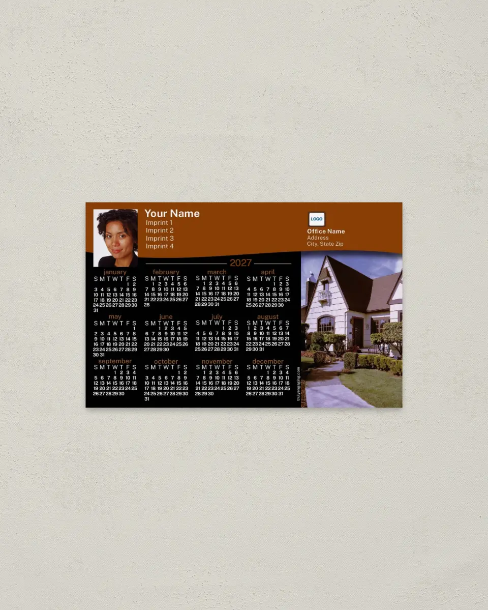 This is a 3.7" x 5.7" Full Magnet Calendar called Steep Roof House printed in full color with a Standard Gloss finish