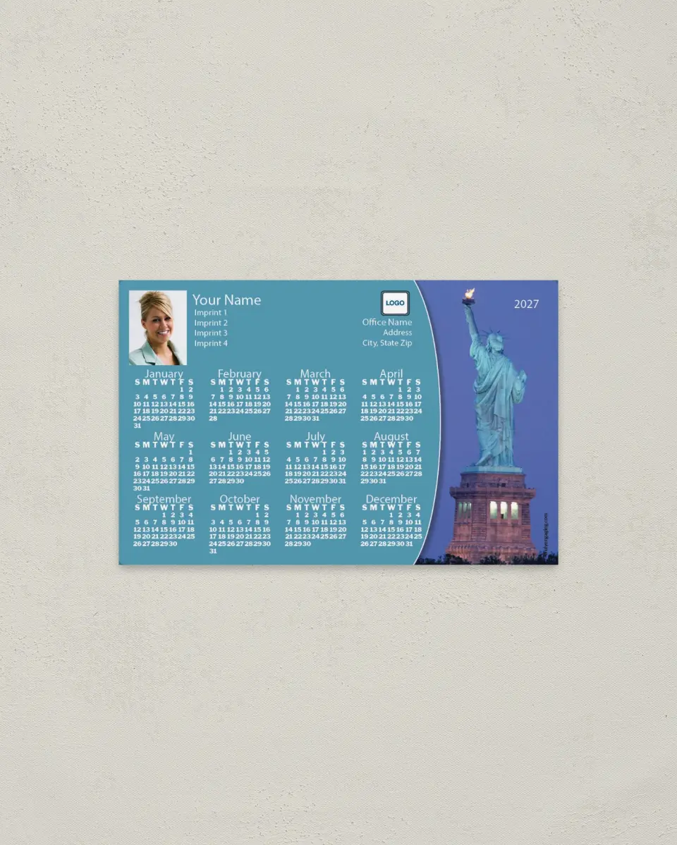 This is a 3.7" x 5.7" Full Magnet Calendar called Statue of Liberty printed in full color with a Standard Gloss finish
