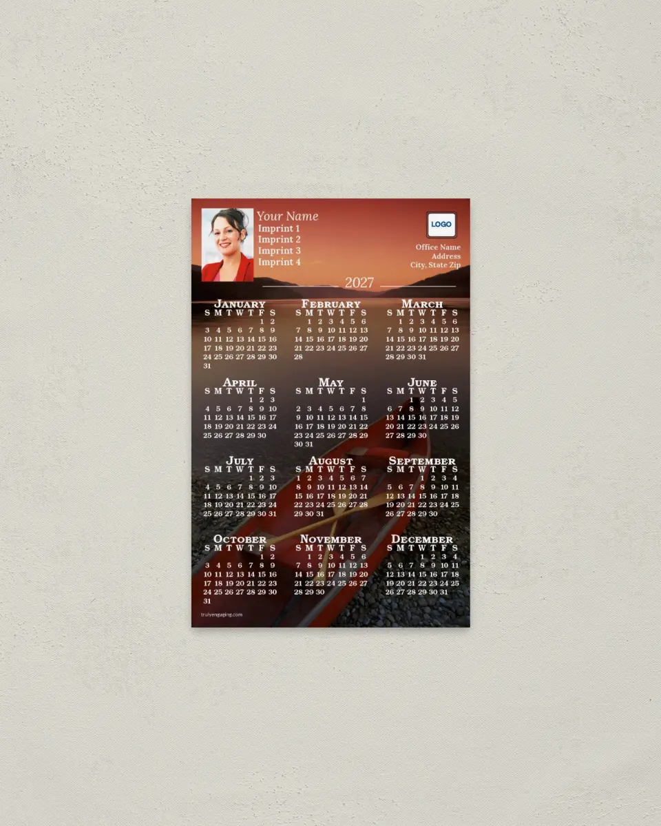This is a 3.7" x 5.7" Full Magnet Calendar called Canoe on Beach printed in full color with a Standard Gloss finish