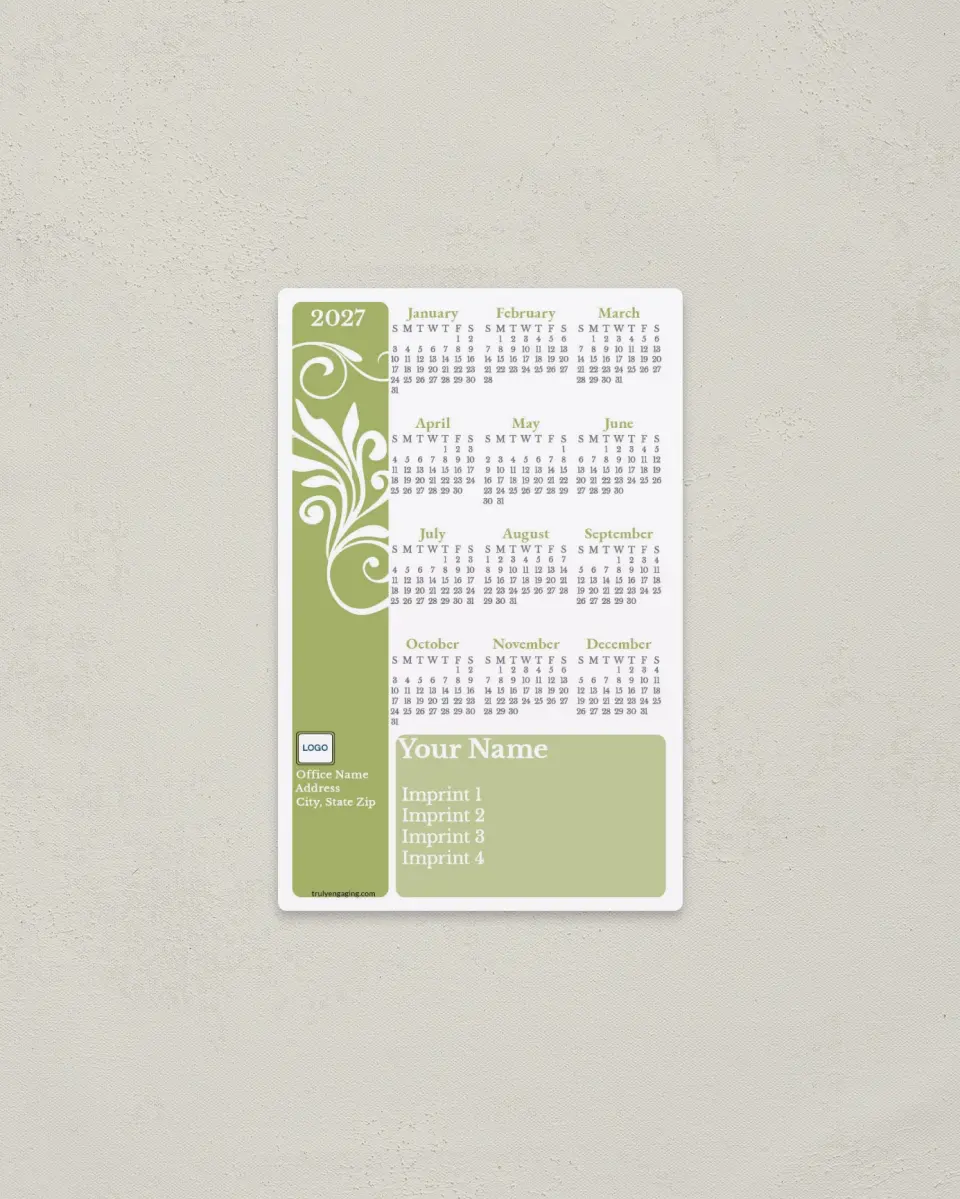 This is a 3.7" x 5.7" Full Magnet Calendar called Alluring Motif printed in full color with a Standard Gloss finish
