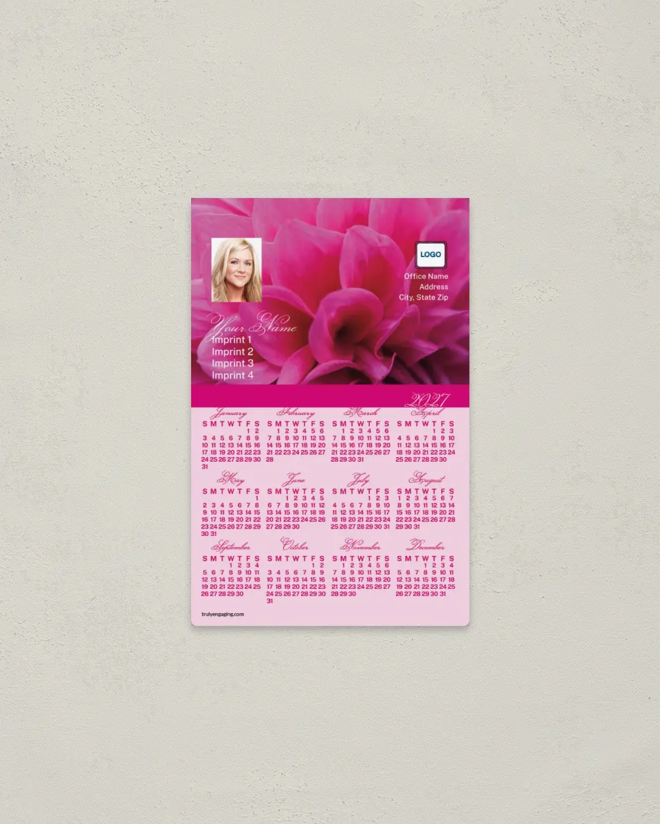 This is a 3.7" x 5.7" Full Magnet Calendar called Dahlia printed in full color with a Standard Gloss finish
