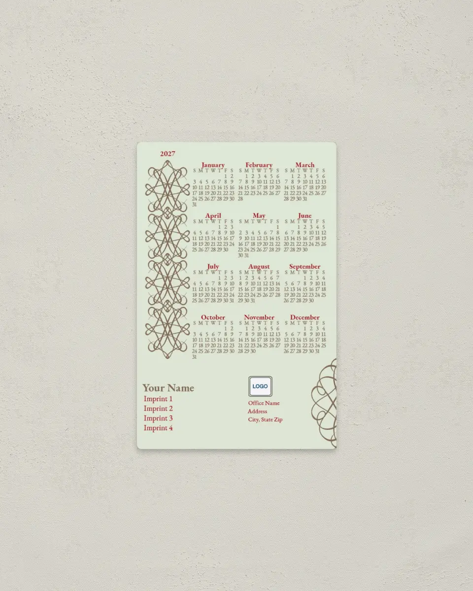 This is a 3.7" x 5.7" Full Magnet Calendar called Scroll printed in full color with a Standard Gloss finish