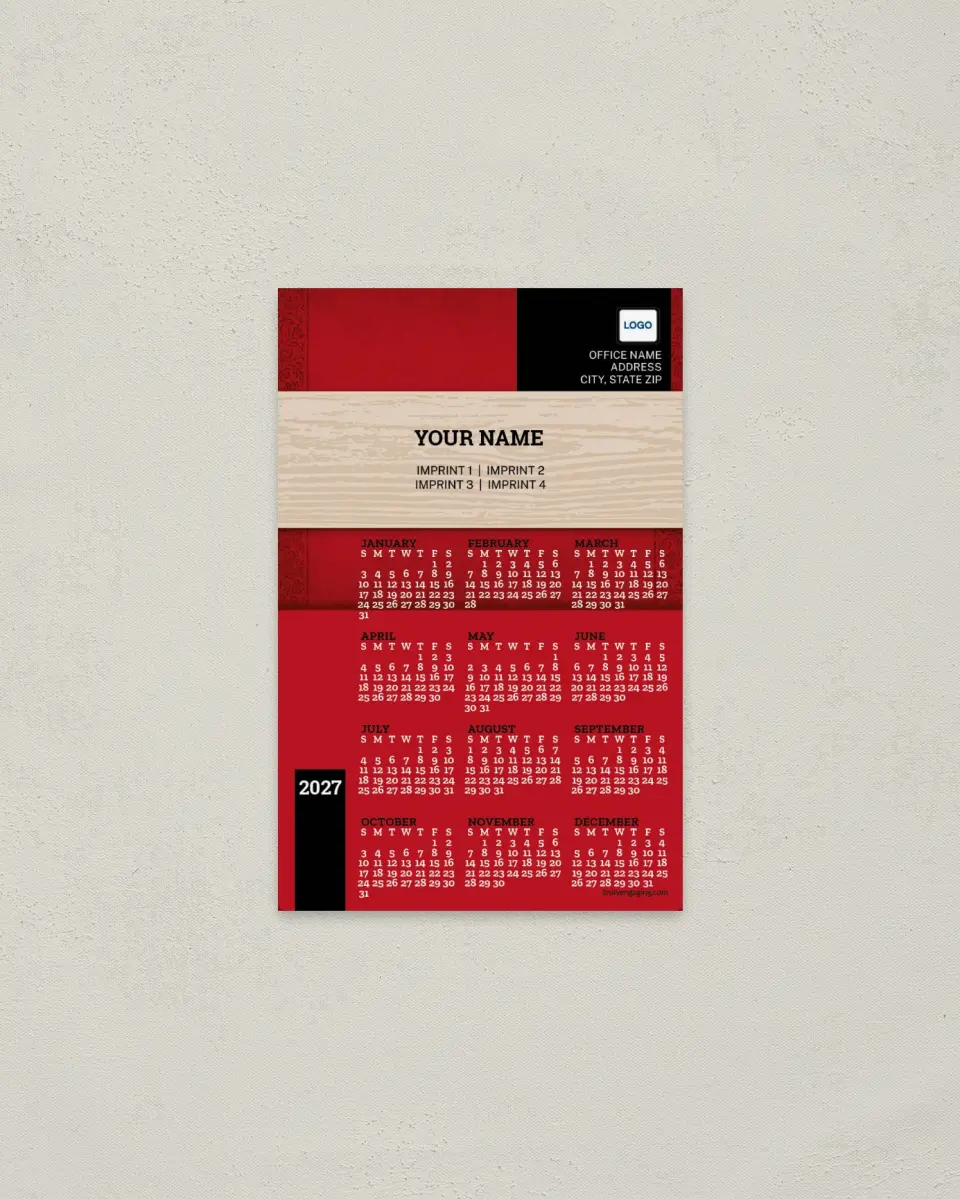 This is a 3.7" x 5.7" Full Magnet Calendar called Wood Banner printed in full color with a Standard Gloss finish