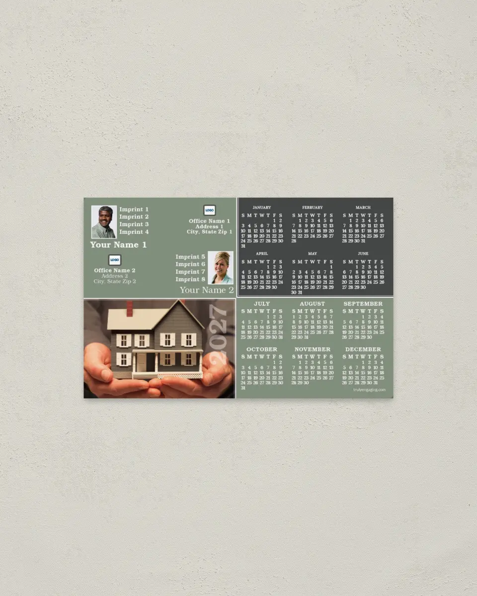 This is a 3.7" x 5.7" Full Magnet Calendar called Green Squares - Hands Holding House, 2-Person printed in full color with a Standard Gloss finish