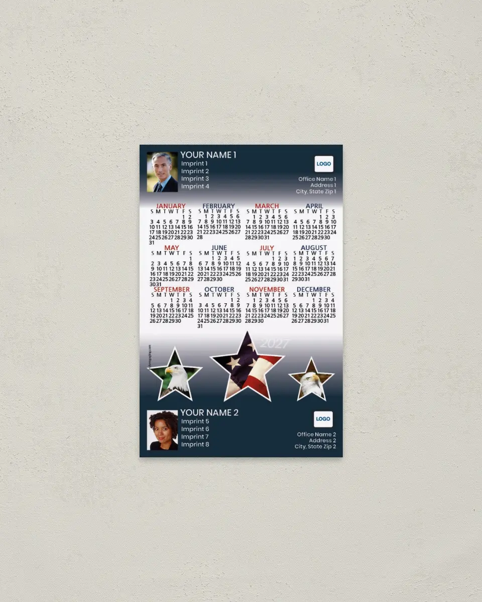 This is a 3.7" x 5.7" Full Magnet Calendar called Stars with Eagle and Flag, 2-Person printed in full color with a Standard Gloss finish