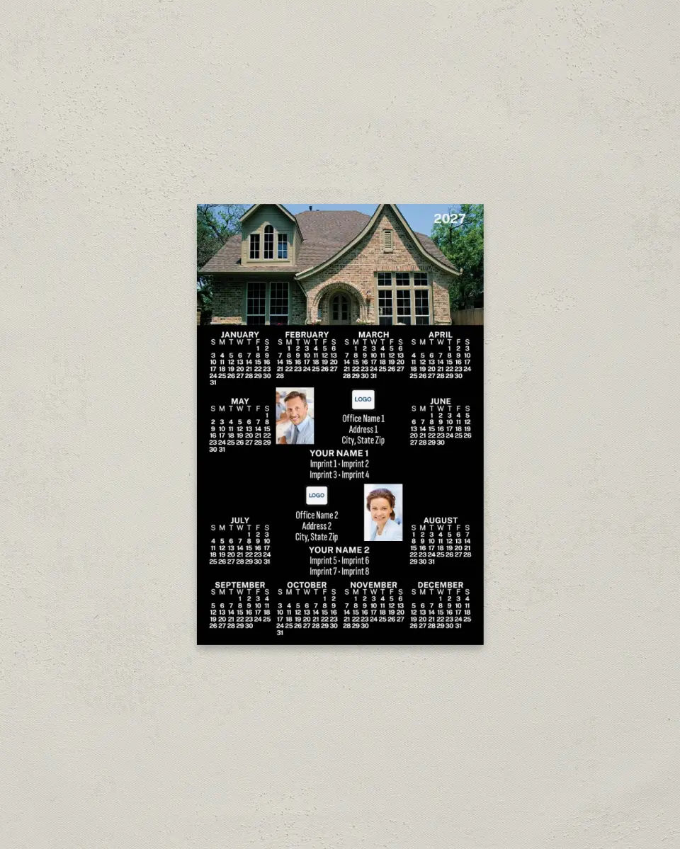 This is a 3.7" x 5.7" Full Magnet Calendar called House with Sloped Roof, Black, 2-Person printed in full color with a Standard Gloss finish