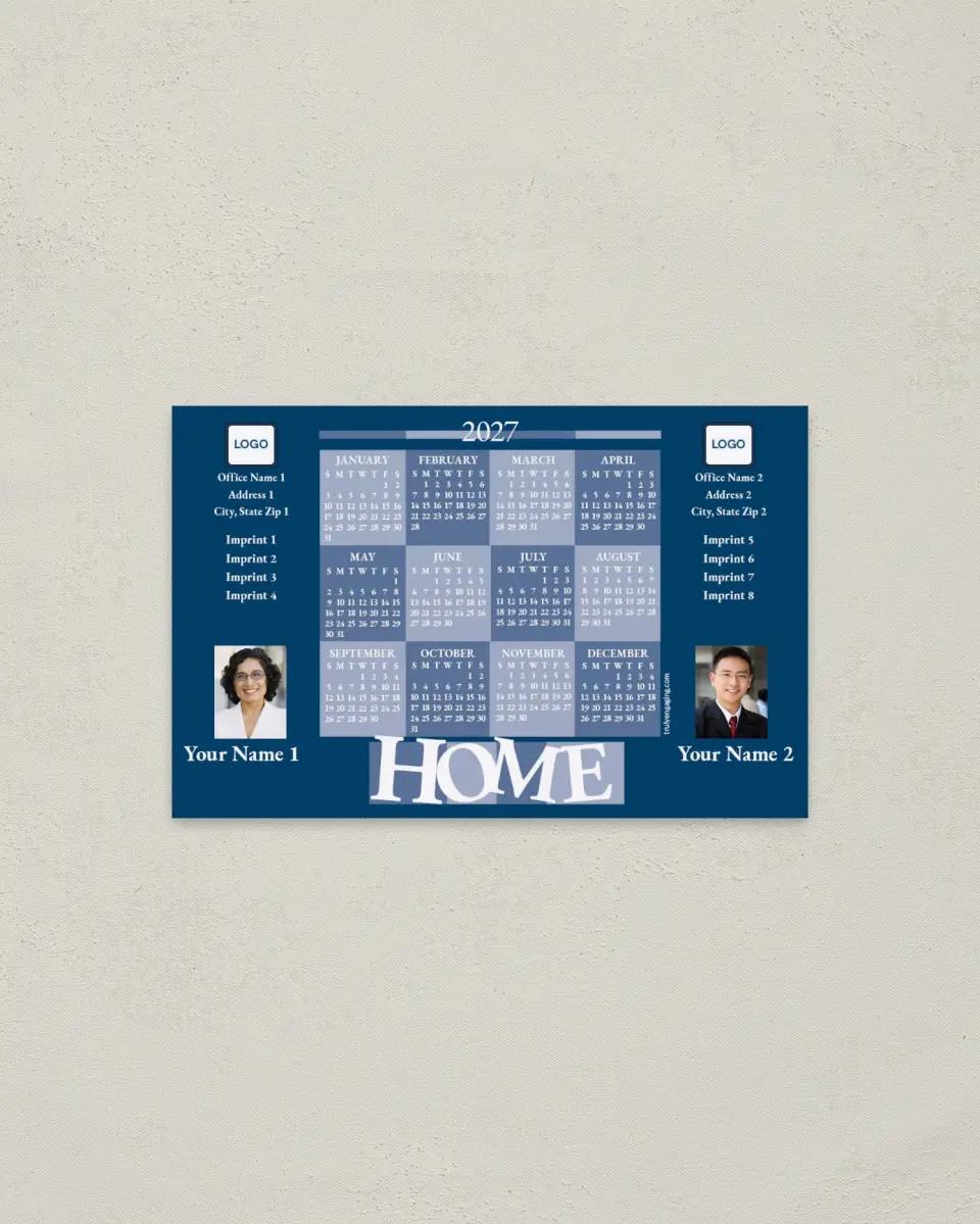 This is a 3.7" x 5.7" Full Magnet Calendar called HOME, 2-Person printed in full color with a Standard Gloss finish