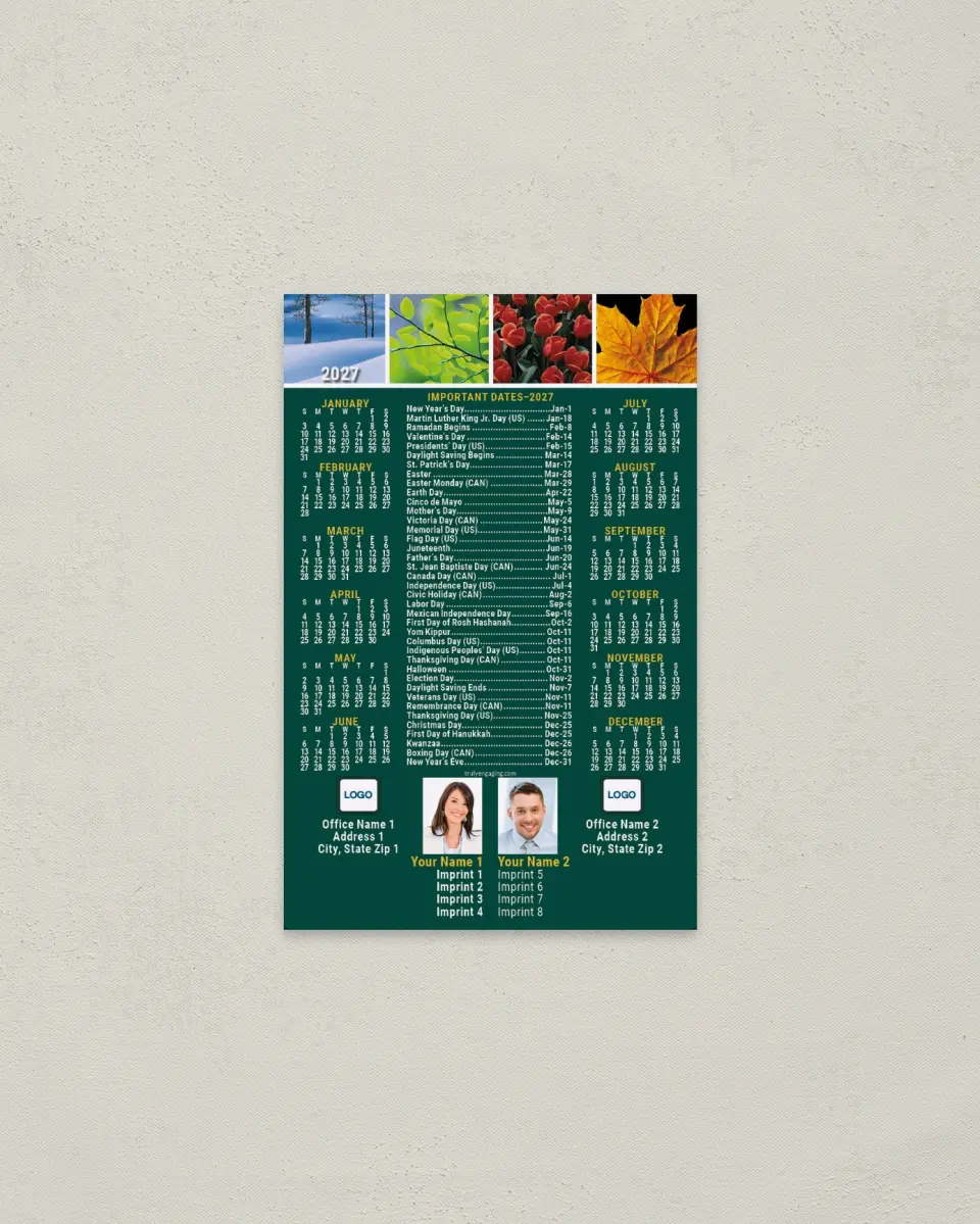 This is a 3.7" x 5.7" Full Magnet Calendar called Four Seasons, Important Dates, 2-Person printed in full color with a Standard Gloss finish
