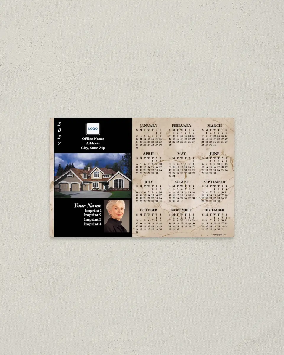 This is a 3.7" x 5.7" Full Magnet Calendar called House with Tan Marble and Black Background printed in full color with a Standard Gloss finish