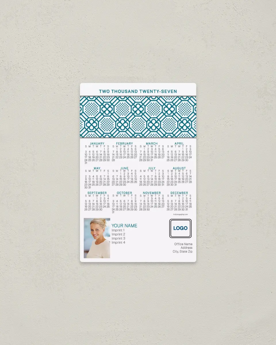 This is a 3.7" x 5.7" Full Magnet Calendar called Modern Tile Interior printed in full color with a Standard Gloss finish