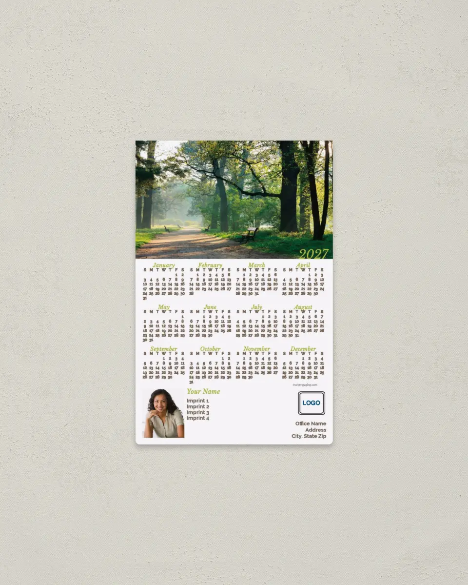 This is a 3.7" x 5.7" Full Magnet Calendar called Nature Path printed in full color with a Standard Gloss finish