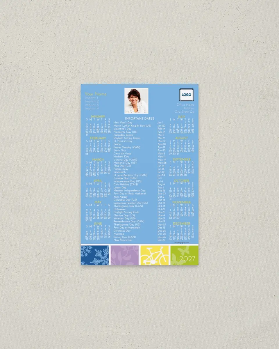 This is a 3.7" x 5.7" Full Magnet Calendar called Seasonal Squares printed in full color with a Standard Gloss finish