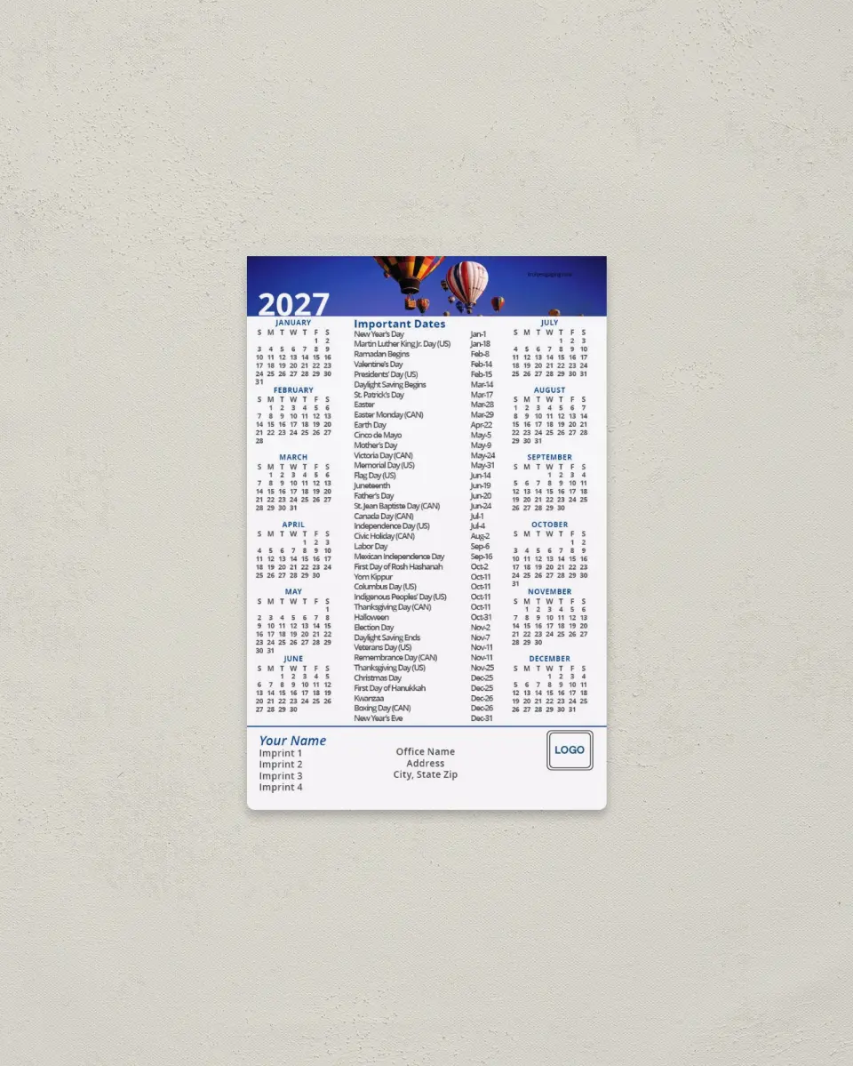 This is a 3.7" x 5.7" Full Magnet Calendar called Hot Air Balloon Banner printed in full color with a Standard Gloss finish