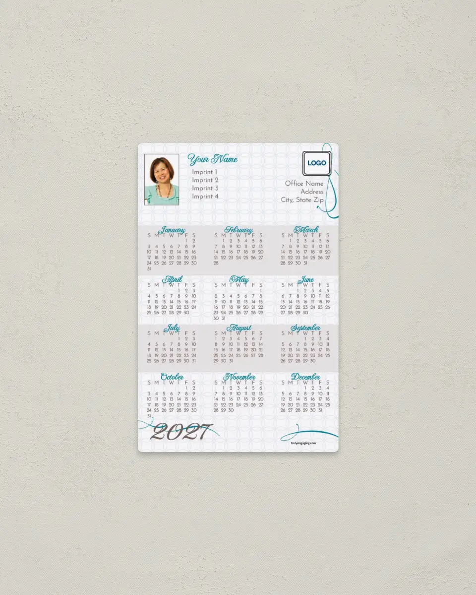 This is a 3.7" x 5.7" Full Magnet Calendar called Trendy Circle Pattern printed in full color with a Standard Gloss finish