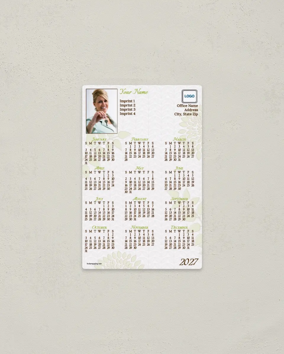 This is a 3.7" x 5.7" Full Magnet Calendar called Contemporary Garden printed in full color with a Standard Gloss finish